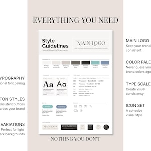 A brand style guide template centered in the frame surrounded by text callouts highlighting typography, color palette, and icon set features.