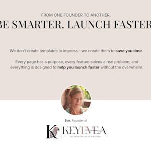 An informational slide titled Be Smarter Launch Faster with a circular photo of founder Eve and the Keyevea logo below.