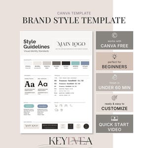 A brand style guide template preview next to feature callout boxes highlighting compatibility with Canva free and beginner features.