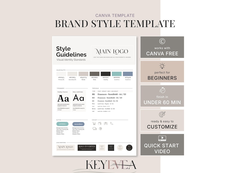 A brand style guide template preview next to feature callout boxes highlighting compatibility with Canva free and beginner features.