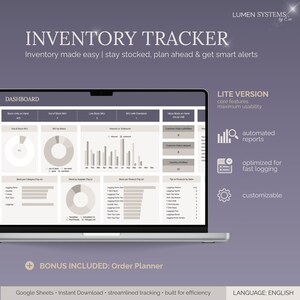 May include: A laptop screen displays an inventory tracker dashboard. The screen shows charts and data visualizations for inventory management. Text on the screen includes "Inventory Tracker," "Dashboard," and "Lite Version." Additional text indicates automated reports and fast logging.