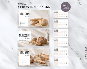 Bakery Loyalty Card Template | Editable Canva Punch Card, Customer Rewards Card, 3 Fronts + 3 Backs, US & EU Sizes