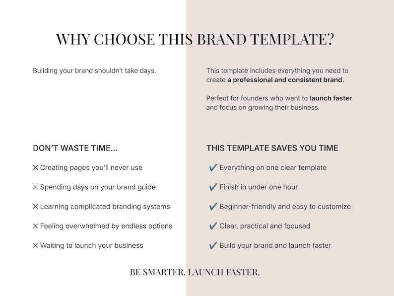 A comparison list detailing why to choose the brand template by showing what wastes time versus what the template saves.