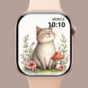 May include: A blush-colored smartwatch with a digital display showing a smiling gray cat illustration. The display also shows the time 10:10 and the day, MON18. The cat is sitting in a garden with a red mushroom and pink flowers.