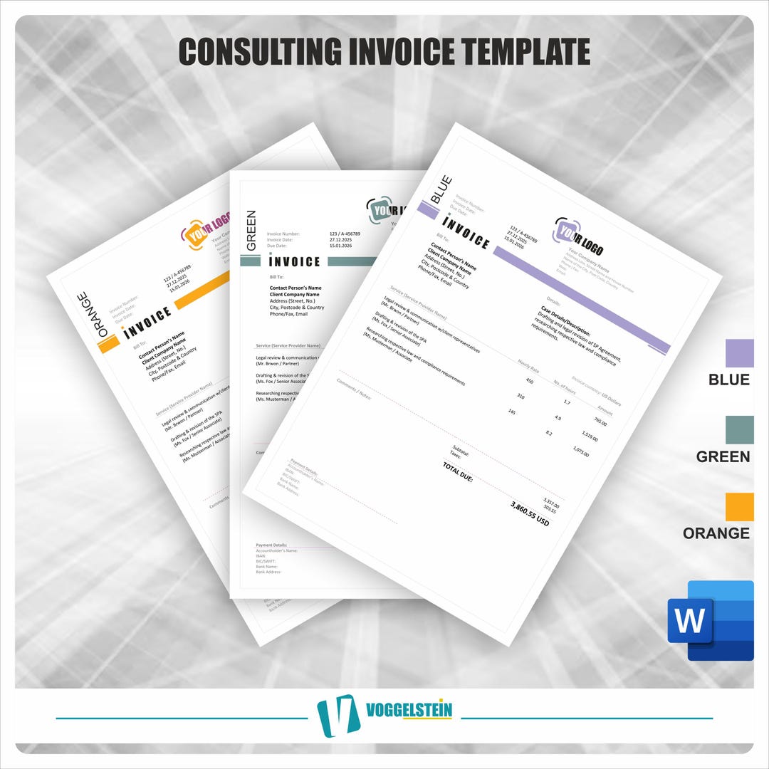 Consulting Invoice Template Bundle – Editable MS Word, 3-color Design ...