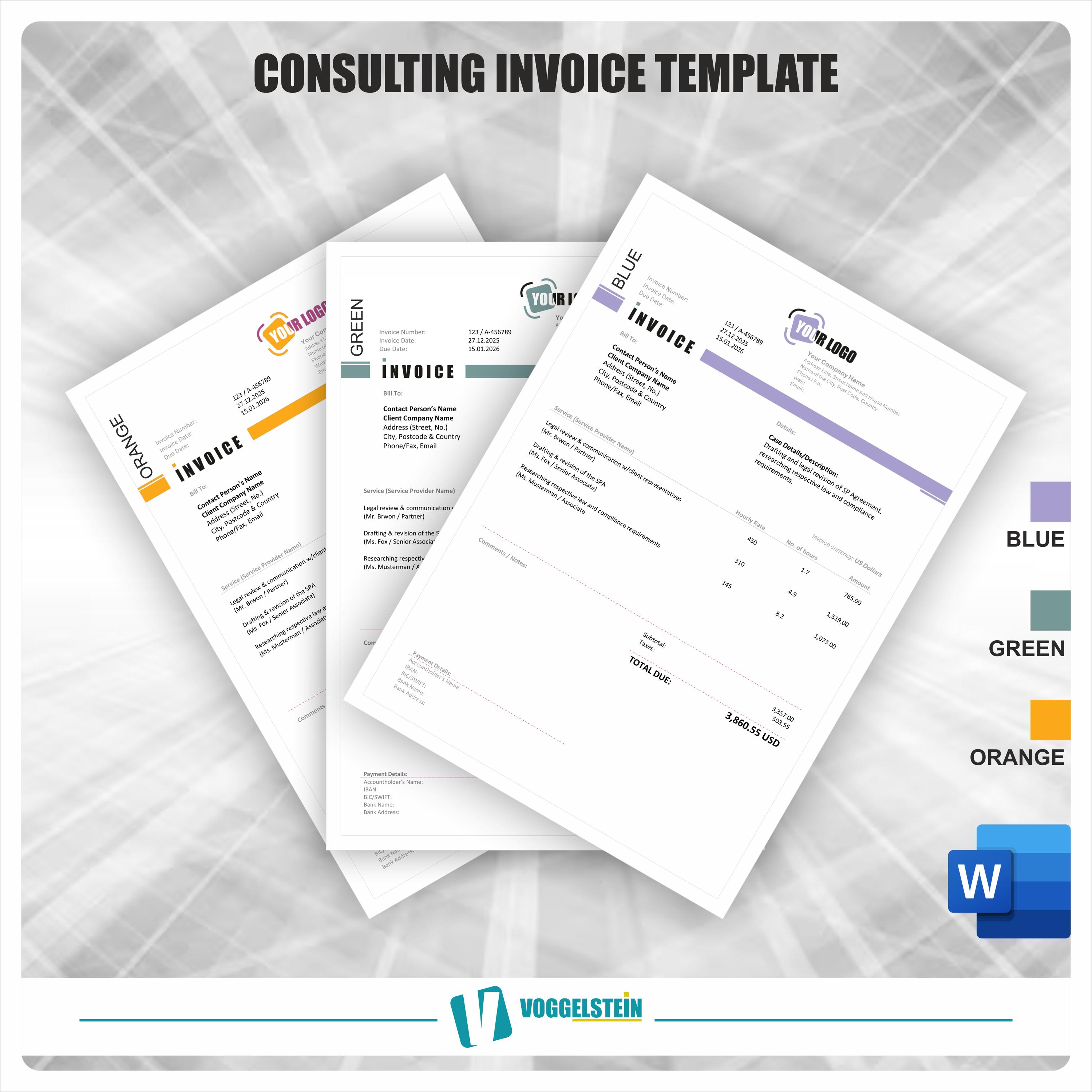 Consulting Invoice Template Bundle – Editable MS Word, 3-color Design ...