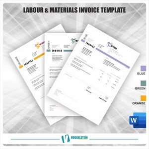 May include: Three invoice templates with the text "LABOUR & MATERIALS INVOICE TEMPLATE". Each invoice has a different color header: orange, green, and blue. The invoices include the word "INVOICE" and a logo. The total due is displayed.