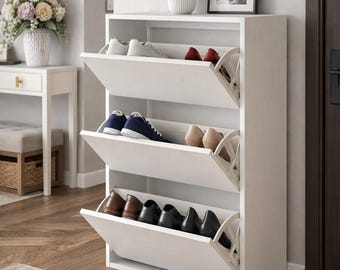 Modernt skoskåp med utfällbara lådor, smal skoförvaring för entrén, platsbesparande smala hallmöbler
