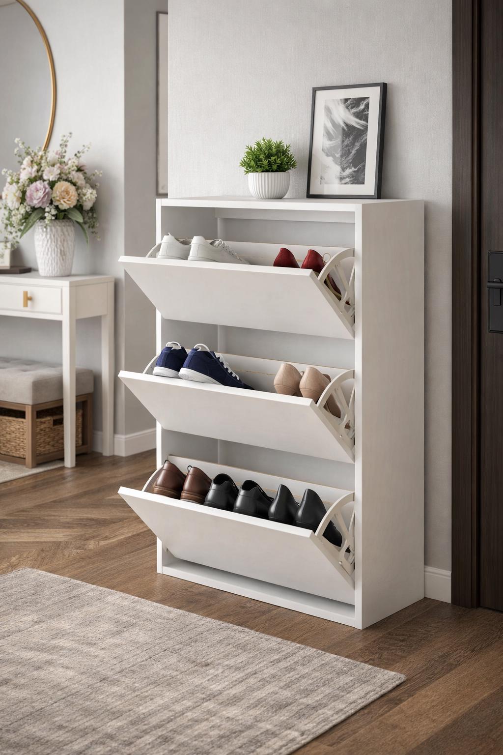 Zapatero moderno con cajones abatibles, organizador de zapatos estrecho para recibidor, mueble que ahorra espacio para pasillos estrechos.