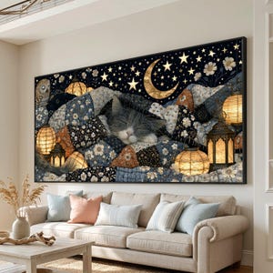 May include: A rectangular wall art print featuring a sleeping cat nestled under a patchwork quilt with floral patterns. The scene includes a golden crescent moon, numerous stars, and glowing lanterns against a dark blue night sky background.