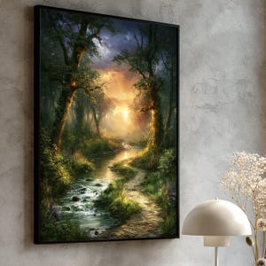 May include: A framed vertical wall art print depicting a forest landscape with a winding dirt path alongside a flowing stream. The scene features tall trees, lush green foliage, and a bright golden sunset glowing through the dense canopy.