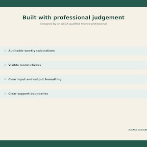 May include: A cream-colored rectangular graphic with dark green borders featuring the text Built with professional judgement, Designed by an ACCA-qualified finance professional, and a list of features including Auditable weekly calculations.