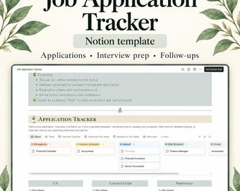 Può includere: Un modello Notion digitale per il monitoraggio delle candidature con una vista a bacheca che include colonne per Will apply for, Interview Scheduled, Applied, Offer Received e Closed. L'interfaccia include sezioni per il caricamento di C.V., lettera di presentazione e portfolio.