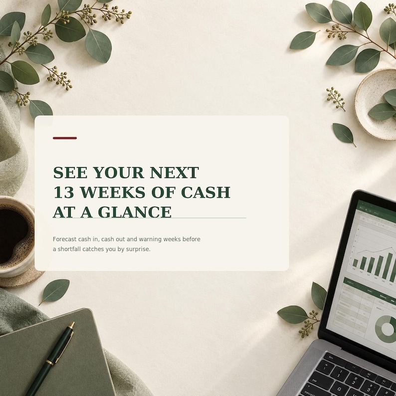 May include: A rectangular sign with dark green text reading SEE YOUR NEXT 13 WEEKS OF CASH AT A GLANCE and Forecast cash in, cash out and warning weeks before a shortfall catches you by surprise, positioned near a laptop, notebook, and coffee.