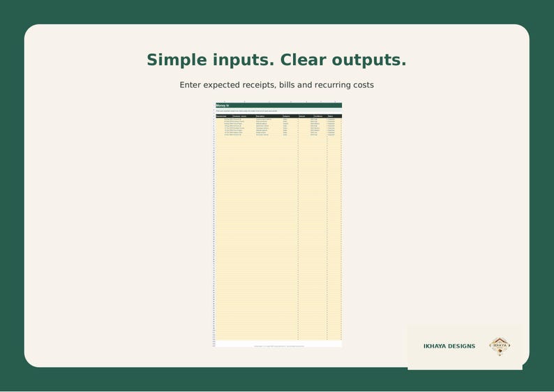 May include: A digital spreadsheet template featuring a pale yellow background with dark green headers. The text reads Simple inputs. Clear outputs. Enter expected receipts, bills and recurring costs. The IKHAYA DESIGNS logo is in the bottom right corner.