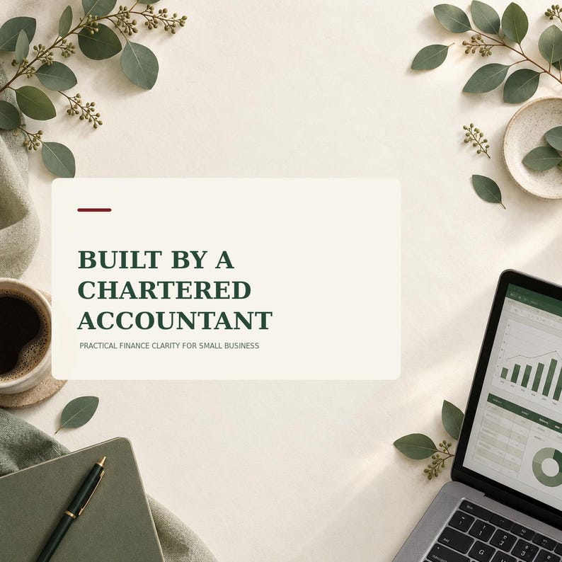 May include: A rectangular sign with a cream background and dark green text reading BUILT BY A CHARTERED ACCOUNTANT and PRACTICAL FINANCE CLARITY FOR SMALL BUSINESS, accompanied by a laptop displaying financial charts, a pen, and green leaves.