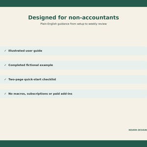 May include: A rectangular informational graphic with a dark green border and cream background. It features the text Designed for non-accountants, Plain-English guidance from setup to weekly review, and a list of four items including an illustrated user guide, completed fictional example, two-page quick-start checklist, and no macros, subscriptions or paid add-ins.