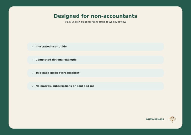 May include: A rectangular informational graphic with a dark green border and cream background. It features the text Designed for non-accountants, Plain-English guidance from setup to weekly review, and a list of four items including an illustrated user guide, completed fictional example, two-page quick-start checklist, and no macros, subscriptions or paid add-ins.