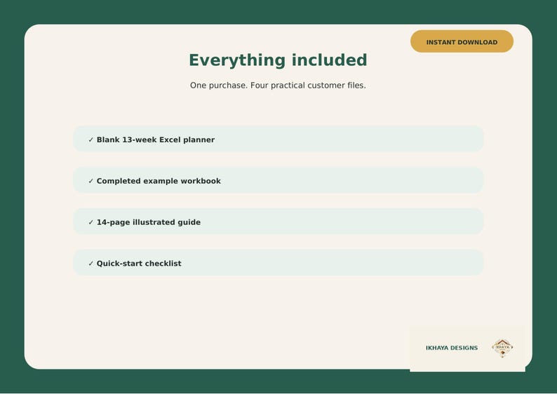 May include: A digital product information graphic with a dark green border and cream background. Text reads: Everything included, One purchase. Four practical customer files. Blank 13-week Excel planner, Completed example workbook, 14-page illustrated guide, Quick-start checklist, and IKHAYA DESIGNS.