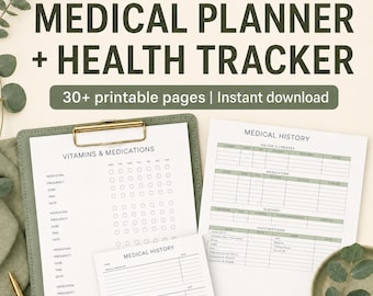 Medizinischer Planer zum Ausdrucken, Gesundheitstracker als PDF (über 30 Seiten)
