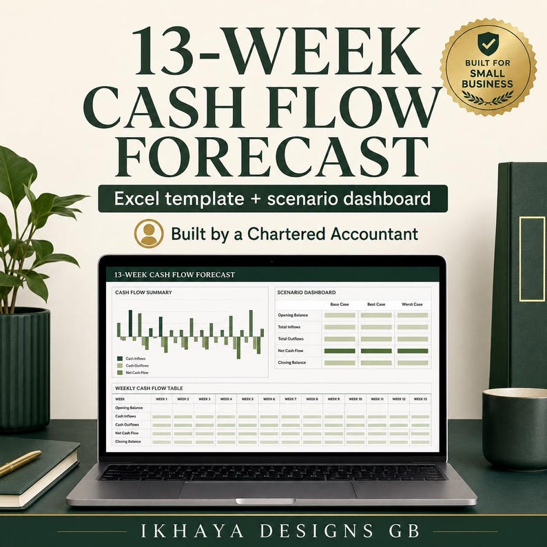 May include: A laptop displaying a 13-week cash flow forecast Excel template with a scenario dashboard. The screen shows a cash flow summary bar chart and a weekly cash flow table. Text includes 13-WEEK CASH FLOW FORECAST, Built for Small Business, and Ikhaya Designs GB.