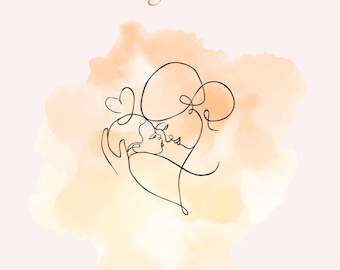 May include: A minimalist design featuring a black line drawing of a parent holding a baby, with a heart shape. The text "Mein Wochenbett-Begleiter" is in orange. The background has a watercolor effect in peach and cream.