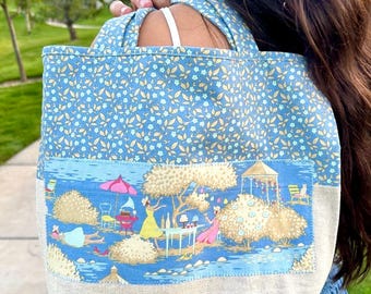 Blue and Beige Tote Bag – Handmade Fabric Handbag – Everyday Purse