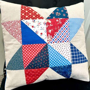 Handmade Patchwork Patriotic Star Pillow Cover, Red White Blue Cushion Cover