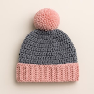 Patrón de gorro de crochet, gorro bicolor con pompón para invierno (PDF), patrón fácil de gorro de canalé de crochet, tutorial para hacer un gorro cálido hecho a mano