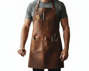 Handmade Full-Grain Leather Apron: Barber, Chef, Craftsman with Tool Pockets