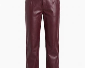 Leren broek met hoge taille bordeauxrood, broek van rundleer met rechte pijpen, minimalistische mode