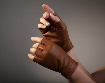 Italian Lamb Leather Fingerless Gloves, Short Unlined Handmade