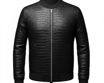 Men’s Croc Embossed Genuine Cow Leather Jacket | Handmade Black Leather Bomber | Custom Texture