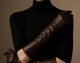 Elegante bruine operahandschoenen van schaapsleer - lange handschoenen voor dames