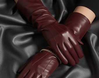 Burgundy Sheep Leather Long Gloves – Elegant Opera Gloves, Winter Gift