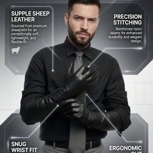 Product marketing graphic showing a man wearing black leather gloves with text callouts detailing features like sheep leather and precision stitching.