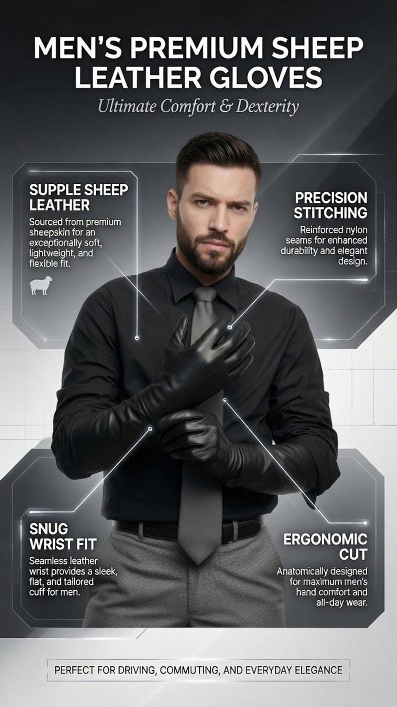Product marketing graphic showing a man wearing black leather gloves with text callouts detailing features like sheep leather and precision stitching.