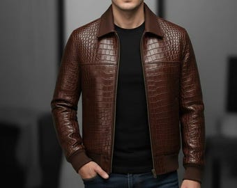 Chaqueta bomber de piel de cocodrilo para hombre: piel de vaca auténtica