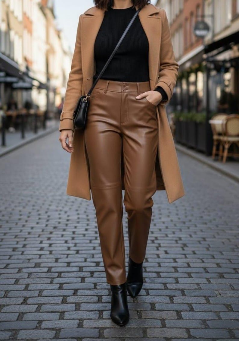 Op de afbeelding: Een outfit met een bruine leren broek, een zwarte top en een camelkleurige jas. De outfit wordt gecompleteerd met een zwarte tas en zwarte laarzen. De foto is genomen op een geplaveide straat.