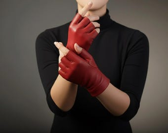 Mitaines faites main en cuir rouge pour femme | Cadeau accessoire de mode en cuir véritable