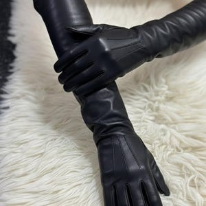 Women’s Long Black Leather Gloves | Genuine Sheepskin | Handmade Opera Length | Elegant Winter Gift