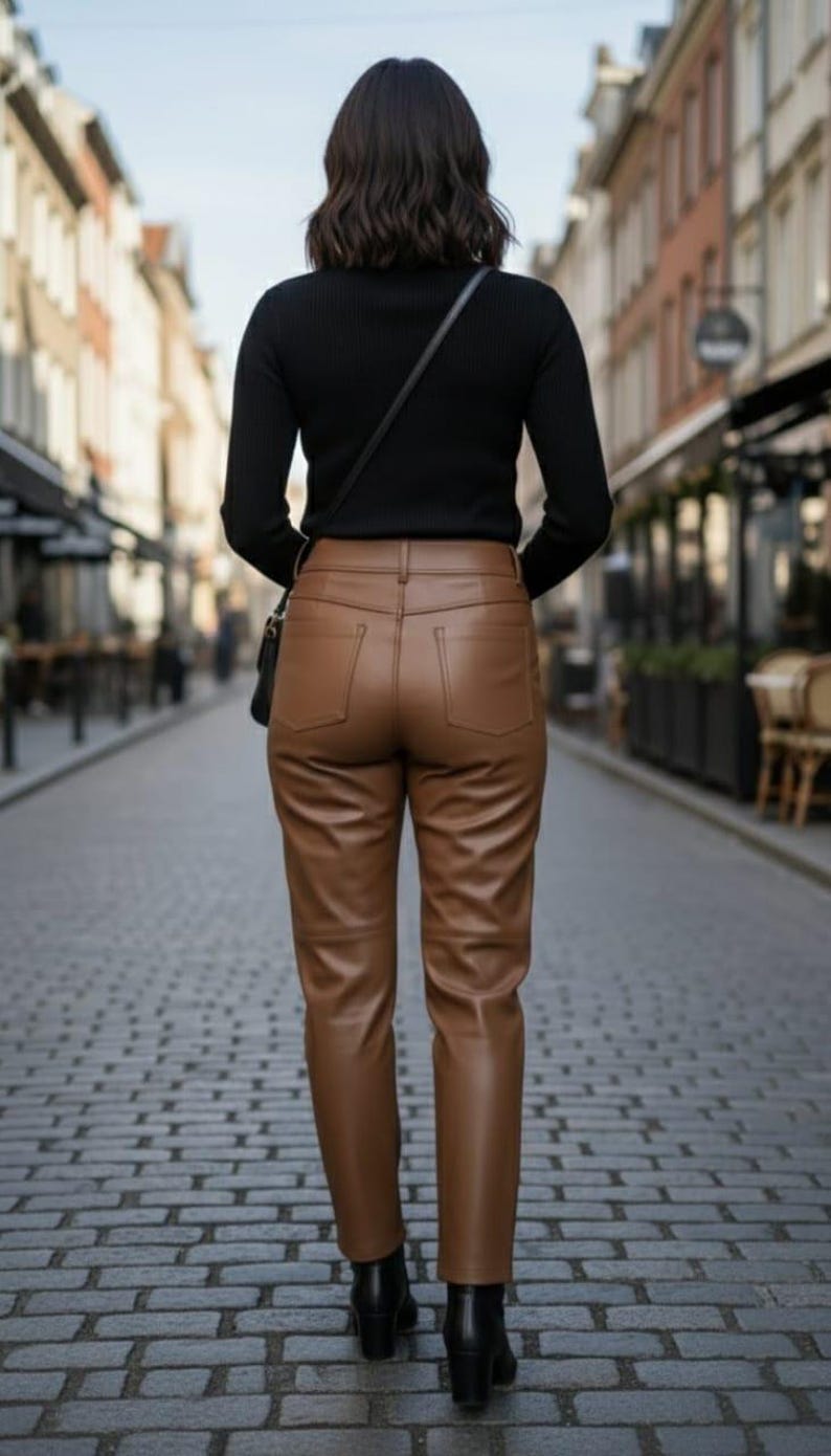 Op de afbeelding: Een persoon draagt een zwart shirt met lange mouwen en een bruine leren broek. De broek heeft een klassiek ontwerp met vijf zakken. De persoon draagt zwarte enkellaarsjes en een zwarte schoudertas. De achtergrond is een geplaveide straat.