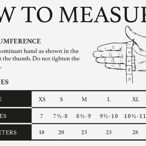 Sizing chart graphic showing instructions on how to measure hand circumference for men's gloves in inches and centimeters from XS to XXL.