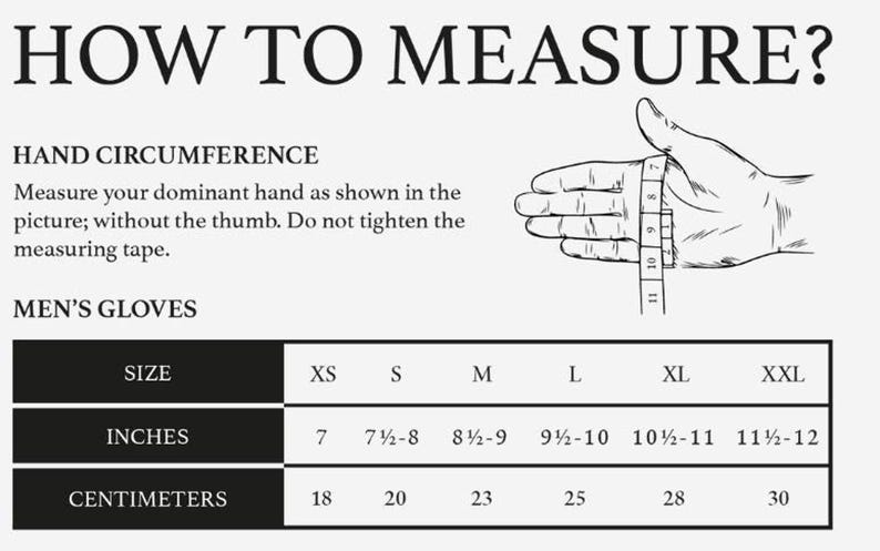 Sizing chart graphic showing instructions on how to measure hand circumference for men's gloves in inches and centimeters from XS to XXL.