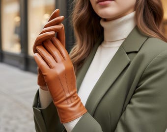 Luvas de condução em pele de carneiro bege: luvas curtas e elegantes para o inverno