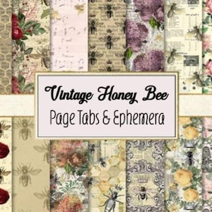 May include: A selection of vintage-style page tabs and ephemera with a honey bee theme. The designs feature floral patterns, bees, and honeycomb textures in various colours. The text "Vintage Honey Bee Page Tabs & Ephemera" is displayed on a cream-coloured rectangle.