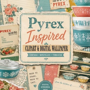 Puede incluir: Una colección digital con imágenes prediseñadas y fondos de pantalla inspirados en Pyrex. El diseño incluye tarjetas de recetas de estilo vintage, patrones florales e ilustraciones de cuencos apilados con motivos de copos de nieve y figuras, con texto como Pyrex Inspired, Clipart & Digital Wallpaper y Made to Share, Made to Last.