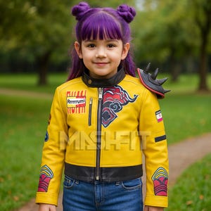 Puede incluir: Chaqueta de cuero amarilla brillante con detalles negros y una pieza decorativa en el hombro. La chaqueta tiene cremallera negra, parches y un diseño gráfico rojo y blanco. El texto "Rrrrrumi" es visible. Se usa con vaqueros azules.