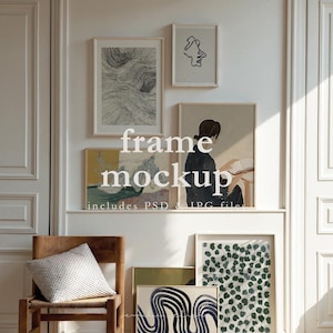 May include: A wall display featuring framed art prints in various sizes and styles. The artwork includes abstract line drawings, a figure reading, and a pattern of green dots. The text "frame mockup" is overlaid on the image.