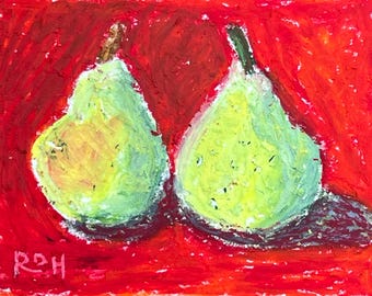 Pair of Pears. 2.5”x3.5” oil pastel on Bristol paper.
